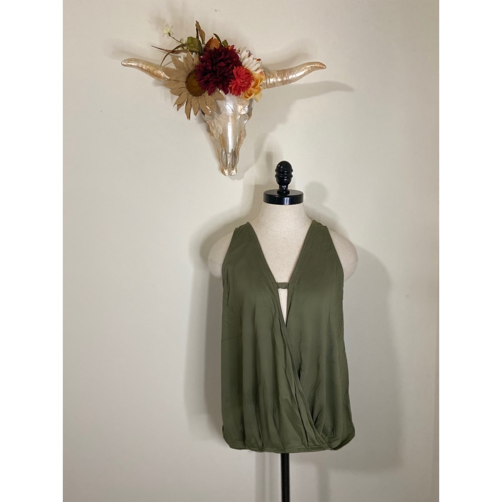 Olive green tank top with draped front.
